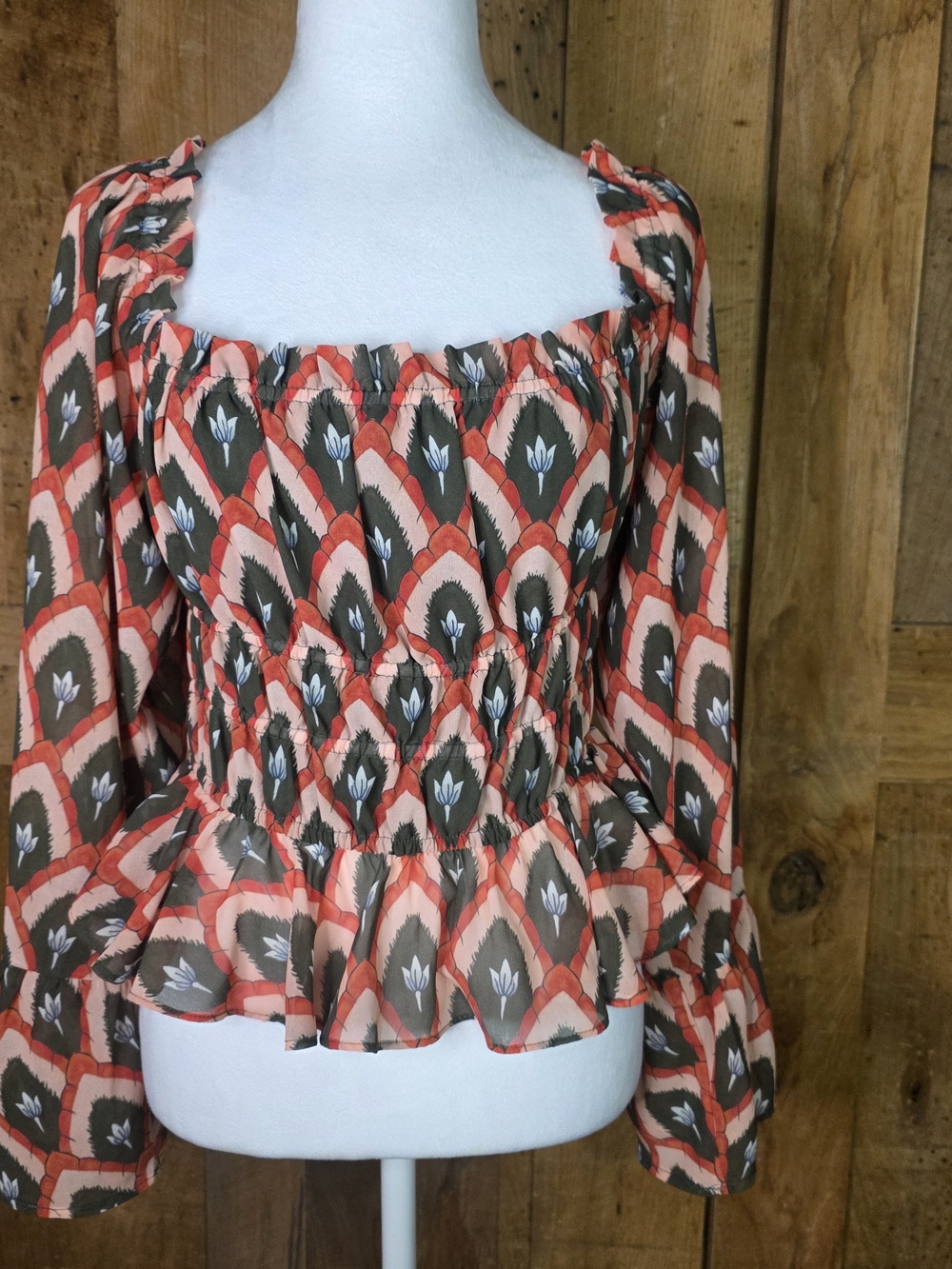 Hutch Size S Retro Boho Geometric Smocked Peplum Bell Sleeve Top
